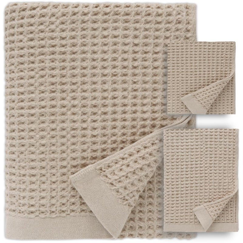 ONSEN Waffle Bath Sheet Set â€“ 3-Piece Cotton Bundle with Bath Sheet, Hand and Face Towels â€“ Lightweight, Quick Dry, and Absorbent â€“ Ideal for Bathroom, Gym, Guest Use â€“ Oatmeal - Image 1